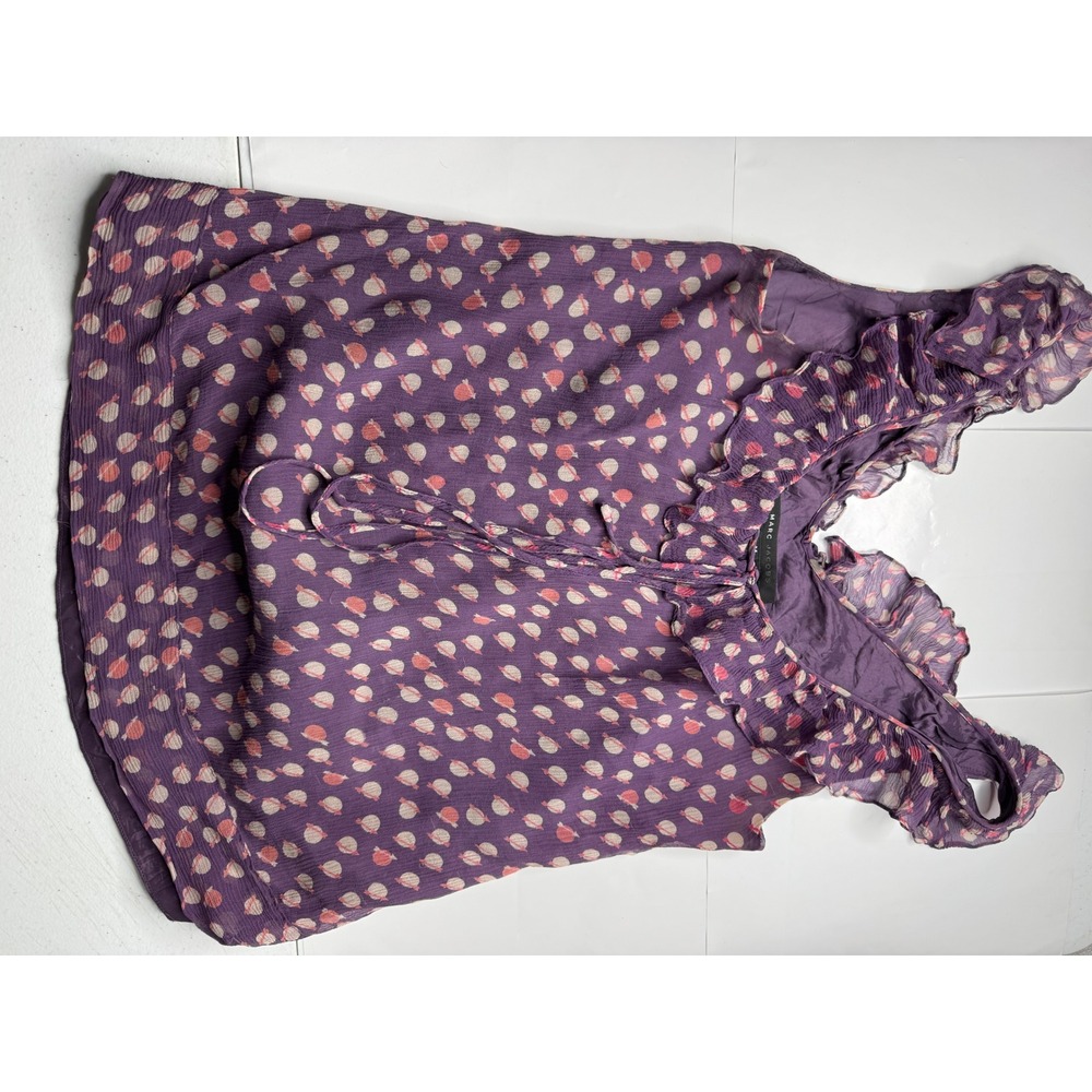 Marc Jacobs Purple Silk Ruffle V-Neck Sleeveless Blouse Abstract Print Size M